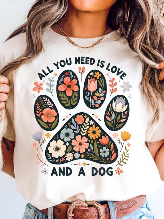 Tops - Graphic Floral Paw Dog Shirt, Dog Lover Gift, Paw Tee